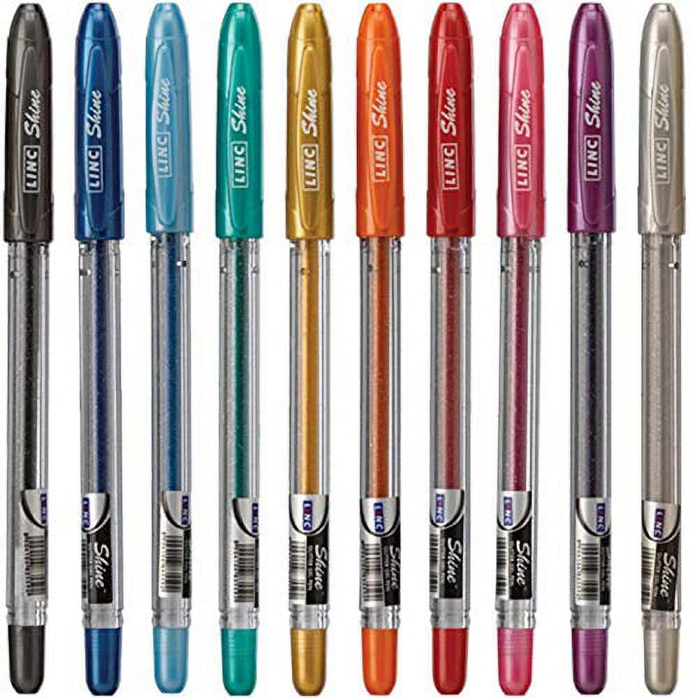 Linc Shine Glitter Gel Pen, 10 Pack Assorted | 1.0mm Medium Tip size, Contoured Grip, Broad for Thick Vibrant Lines